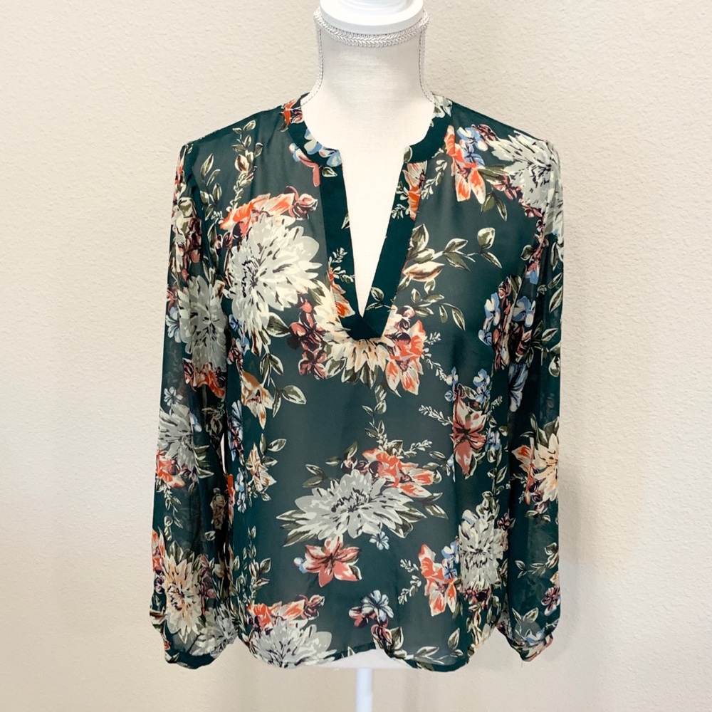 A New Day Sheer Floral V-Neck Blouse